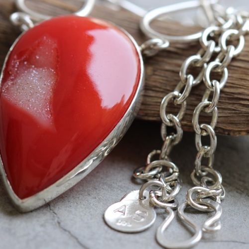 Statement necklace, Red druzy silver pendant necklace, OOAK necklace 