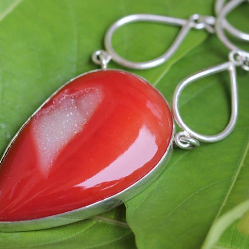 Statement necklace, Red druzy silver pendant necklace, OOAK necklace 