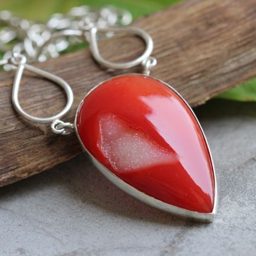 Statement necklace, Red druzy silver pendant necklace, OOAK necklace 