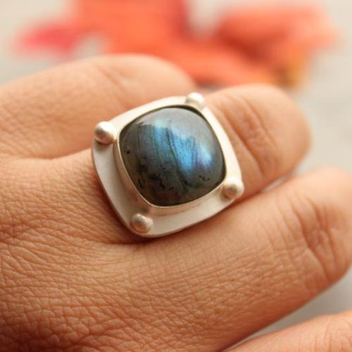 Sterling Silver Labradorite Ring - Handmade artisan ring - Cushion cut