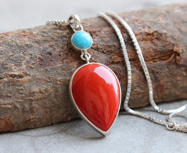 Sterling silver artisan turquoise coral pendant