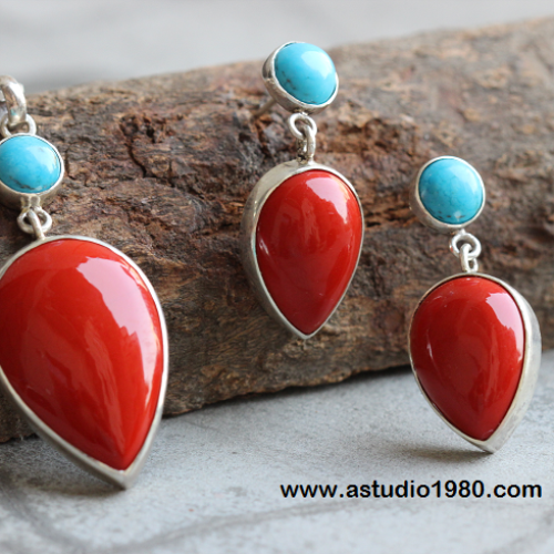 Sterling silver artisan turquoise coral pendant