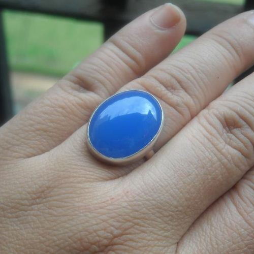 Sterling silver blue chalcedony ring, Artisan jewelry rings, Oval
