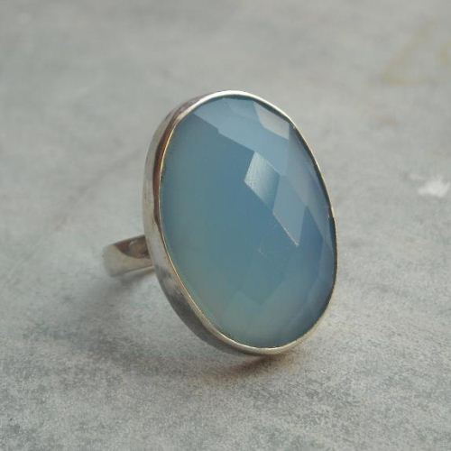 Sterling silver blue chalcedony ring - handmade oval gemstone ring 
