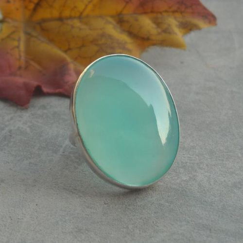 Sterling silver green chalcedony ring, Large oval artisan silver ring