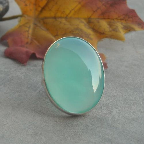 Sterling silver green chalcedony ring, Large oval artisan silver ring