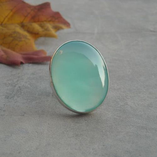 Sterling silver green chalcedony ring, Large oval artisan silver ring