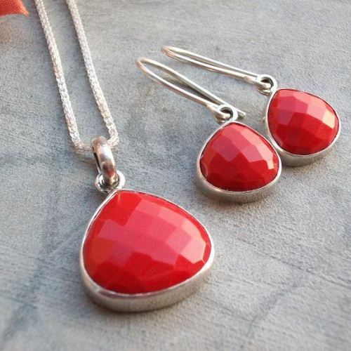 Sterling silver jewelry set - Red coral jewelry set - Pendant Earrings