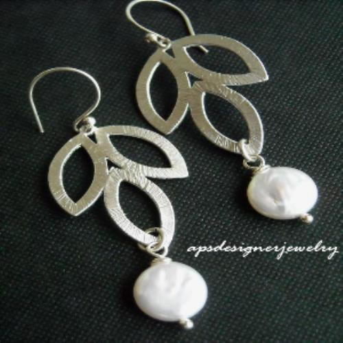 Sterling silver leaf coin pearl bridal earrings