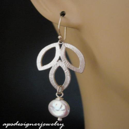 Sterling silver leaf coin pearl bridal earrings