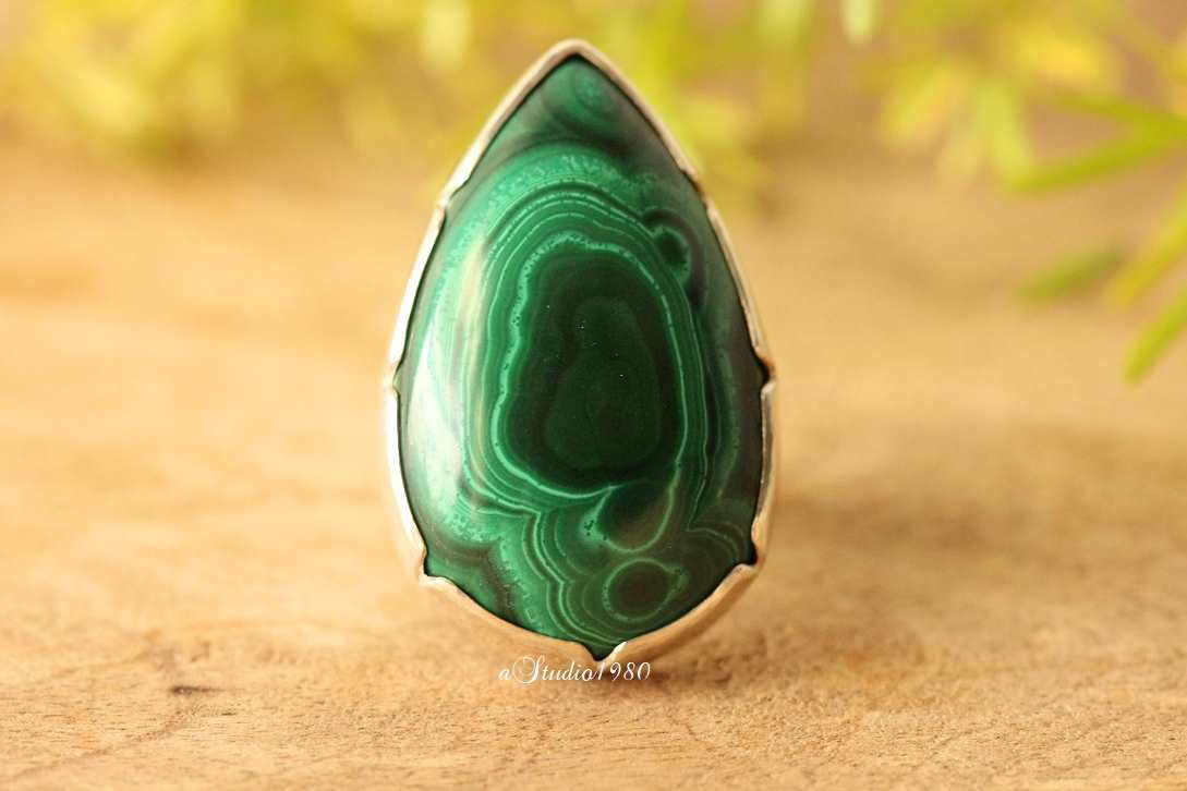 Sterling silver malachite ring, Handmade malachite ring Statement ring