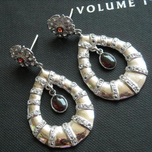 Sterling silver red garnet earrings, Artisan Victorian style earrings