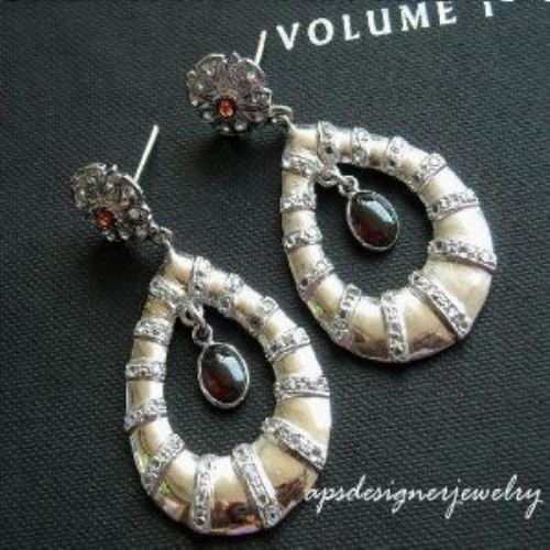 Sterling silver red garnet earrings, Artisan Victorian style earrings