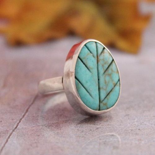Sterling silver turquoise ring - Leaf design ring - Artisan Leaf ring