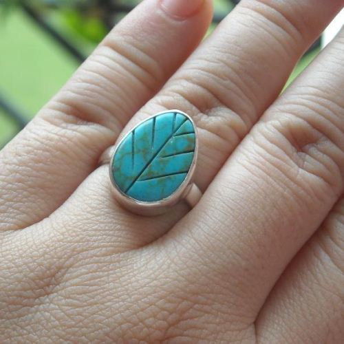 Sterling silver turquoise ring - Leaf design ring - Artisan Leaf ring