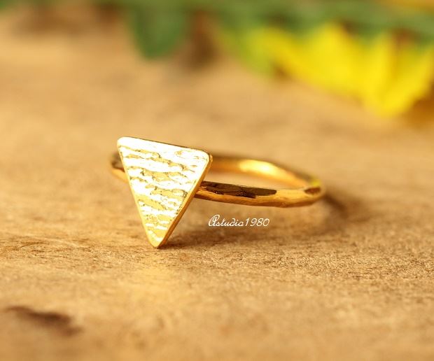 Triangle ring 18 k gold hammered handmade ring gold stack ring