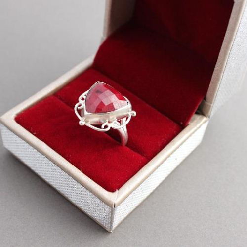 Triangle ring, Ruby ring, Artisan silver ring, July birthstone