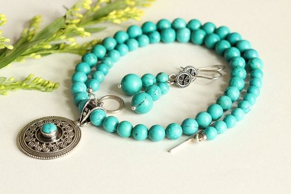 Turquoise beaded necklace earrings set in Sterling Silver