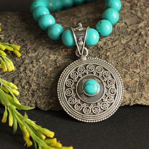 Turquoise beaded necklace earrings set in Sterling Silver