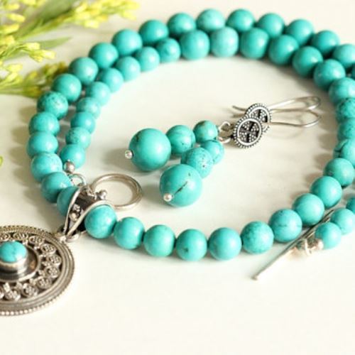 Turquoise beaded necklace earrings set in Sterling Silver