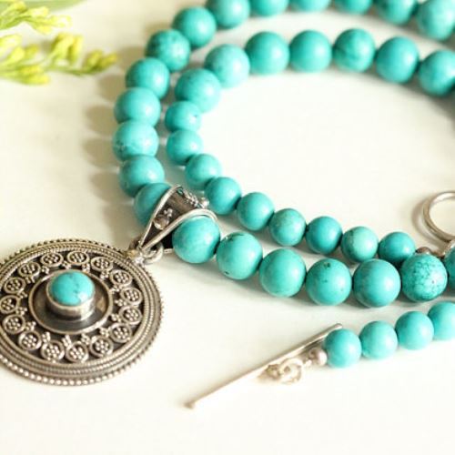 Turquoise beaded necklace earrings set in Sterling Silver