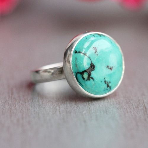 Turquoise Ring - Silver ring - Round stone artisan Ring