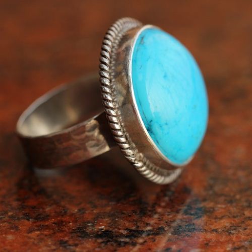 Rope design silver turquoise ring - Statement ring 