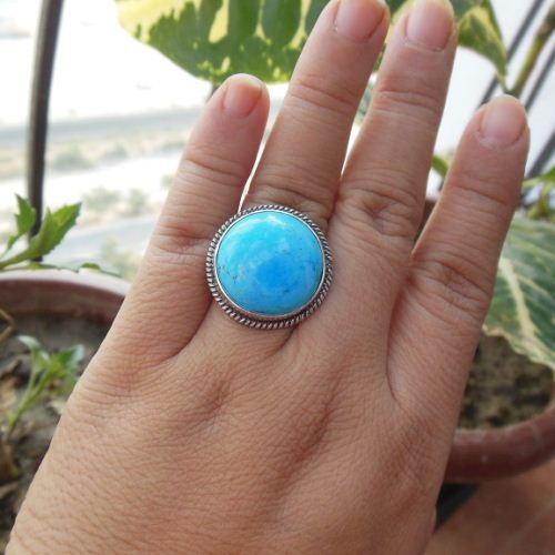 Rope design silver turquoise ring - Statement ring 