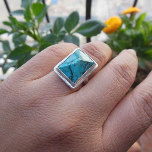 Artisan statement ring, Stabilized turquoise sterling silver ring