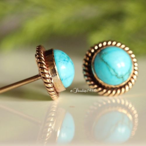Turquoise gold earring - 14k yellow gold earrings - gold stud