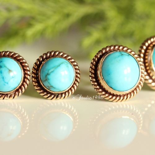 Turquoise gold earring - 14k yellow gold earrings - gold stud