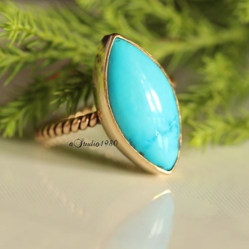 Turquoise gold ring - 14k yellow gold ring - Blue turquoise ring