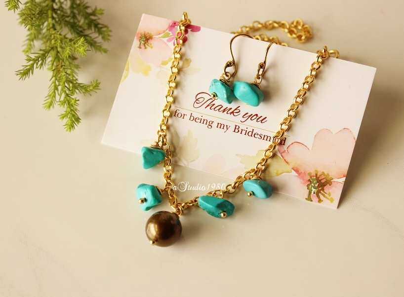 Turquoise pearl bridesmaid set - bridesmaid gifts - gold plated 