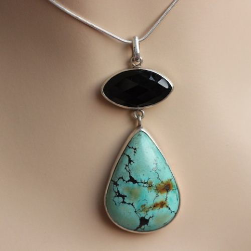 Turquoise pendant, Silver pendant, Turquoise black onyx pendant 