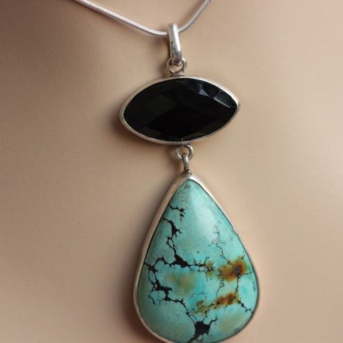 Turquoise pendant, Silver pendant, Turquoise black onyx pendant 