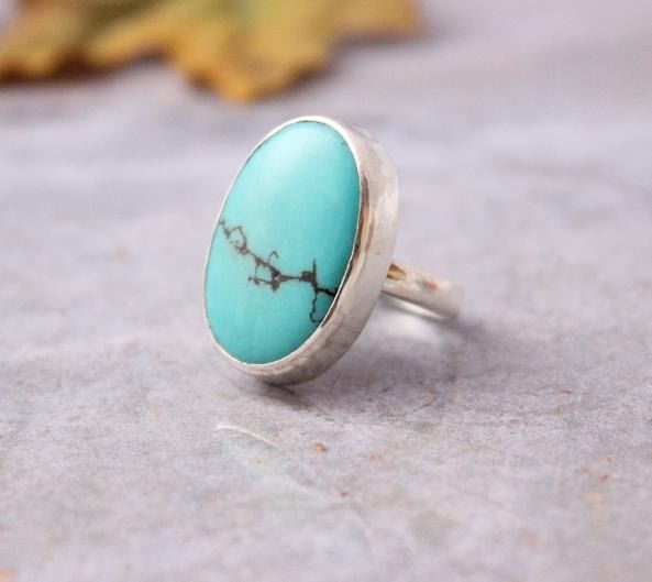 Turquoise ring, Oval stone ring, Artisan bold gemstone silver ring