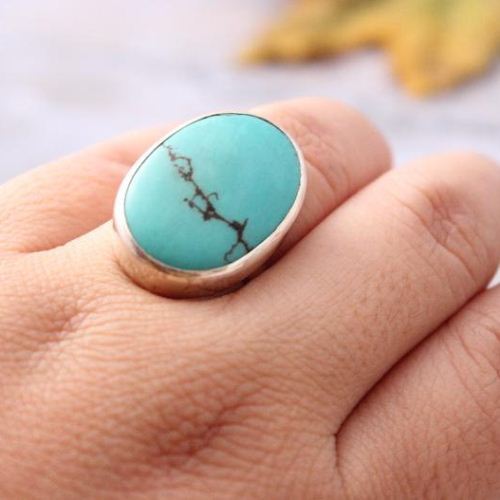 Turquoise ring, Oval stone ring, Artisan bold gemstone silver ring