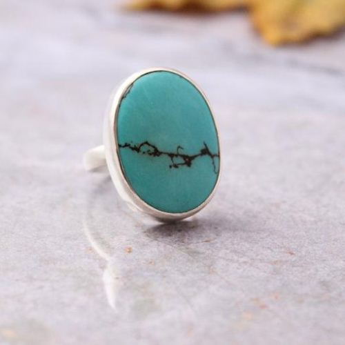 Turquoise ring, Oval stone ring, Artisan bold gemstone silver ring