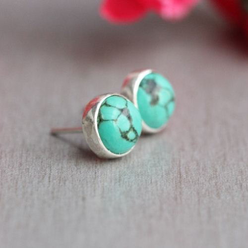 Turquoise stud earrings, Cabochon earrings, Gemstone silver studs