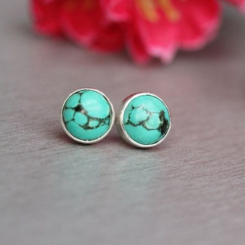 Turquoise stud earrings, Cabochon earrings, Gemstone silver studs