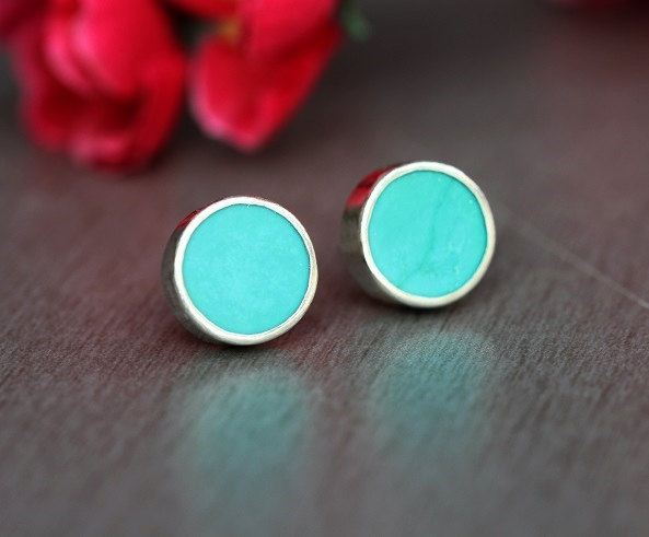 Turquoise stud earrings, Round turquoise silver ear studs