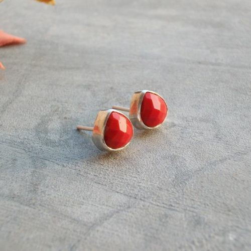Valentine Red Coral earrings, Coral silver artisan stud earrings