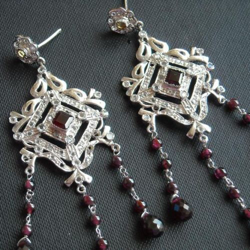 Victorian style earrings, Bridal chandelier silver garnet earrings
