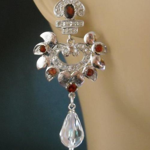 Victorian style garnet bridal earrings, Artisan silver handmade earrings