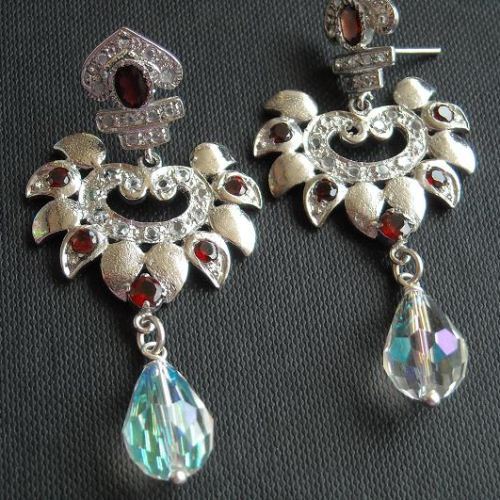 Victorian style garnet bridal earrings, Artisan silver handmade earrings