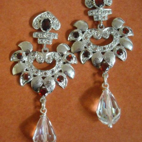 Victorian style garnet bridal earrings, Artisan silver handmade earrings