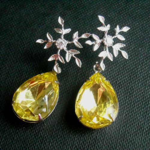 Vintage crystal sterling silver bridal Jonquil canary yellow earrings