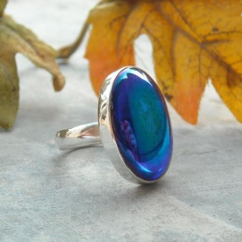 Vintage glass ring, Irish blue oval cabochon silver ring