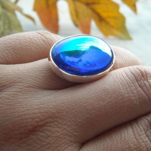 Vintage glass ring, Irish blue oval cabochon silver ring