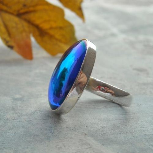 Vintage glass ring, Irish blue oval cabochon silver ring